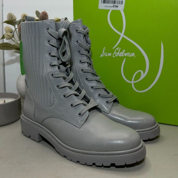 Sam Edelman Lydell Lace Up Combat Boot Pebble Grey Block Heel Women's US 8.5M - Picture 1 of 8